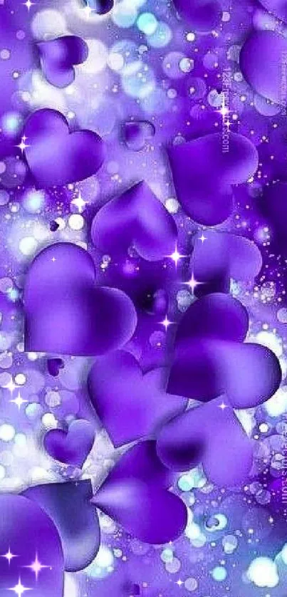 Purple hearts wallpaper with glowing stars.