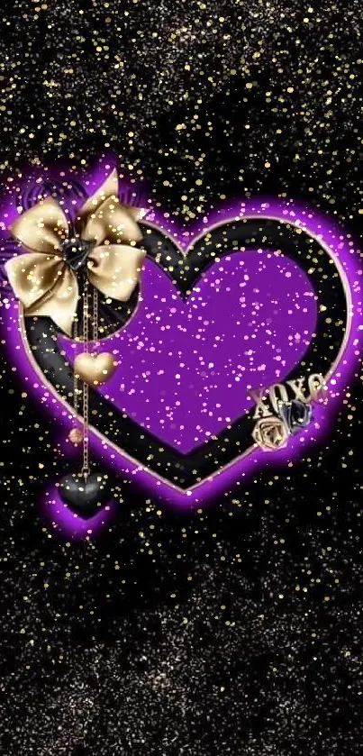 Purple heart and gold accents on black sparkling background mobile wallpaper.