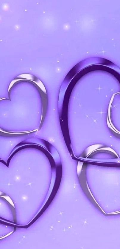 Mobile wallpaper with purple hearts and sparkling accents.