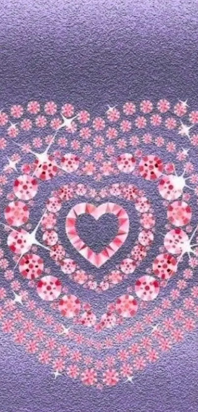 Purple textured wallpaper with floral heart patterns.