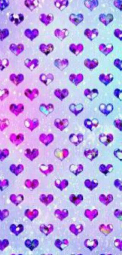 Vibrant purple hearts pattern on a colorful background wallpaper.