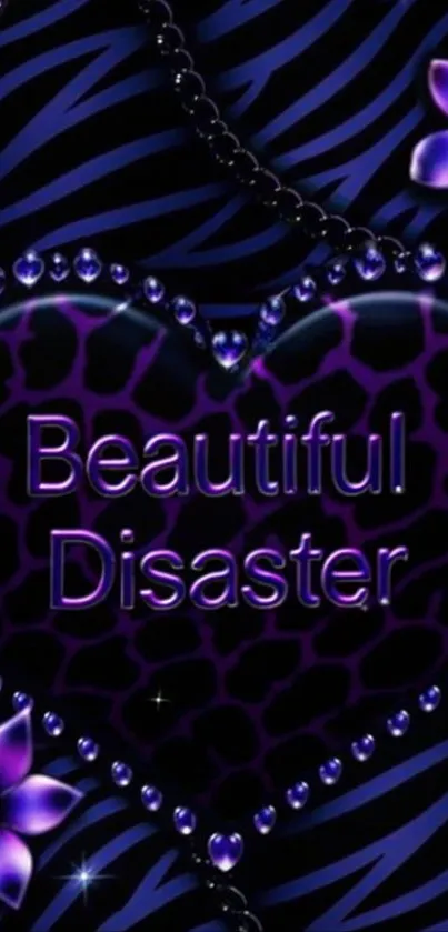 Purple and black heart pattern wallpaper with floral elements.