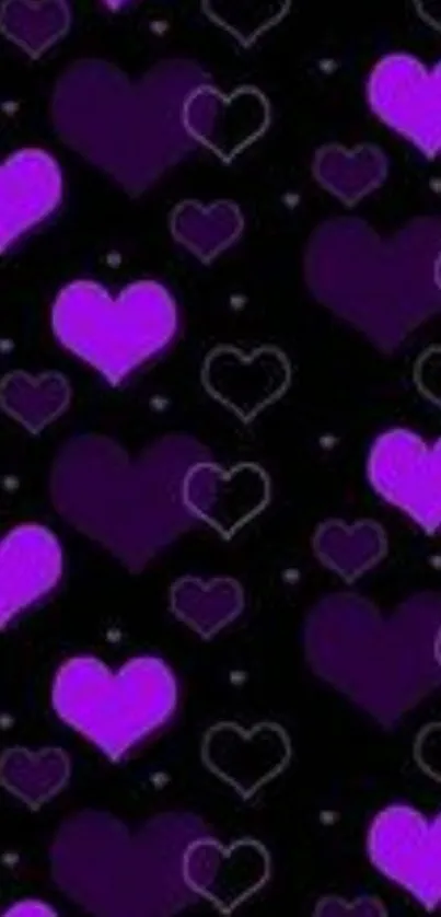 Purple hearts pattern on black background wallpaper.