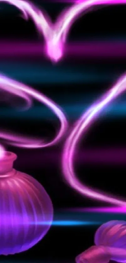 Purple heart and perfume bottle with smoke on dark background.