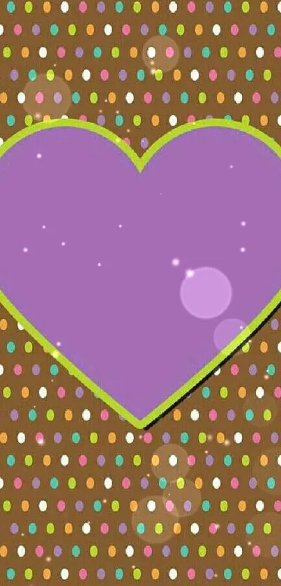 Vibrant wallpaper with a purple heart on a brown polka dot background.