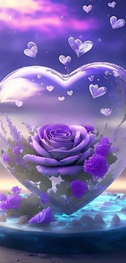 Purple heart with rose in a dreamy night scene wallpaper.