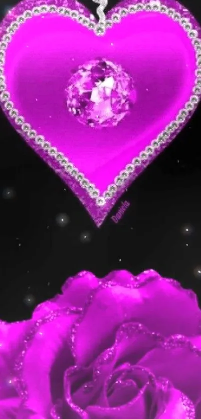 Purple heart and rose with jewel design wallpaper.