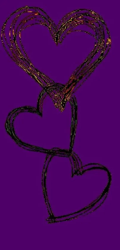 Purple wallpaper with three sketched hearts in artistic style.