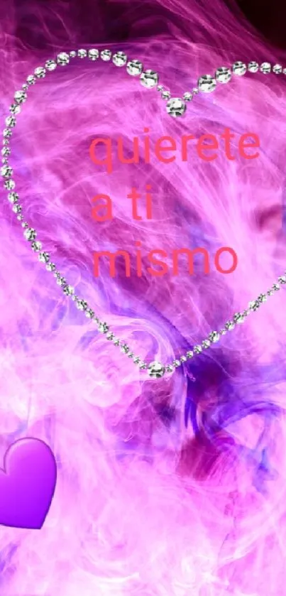 Mobile wallpaper with purple smoke and heart design, featuring a love quote.