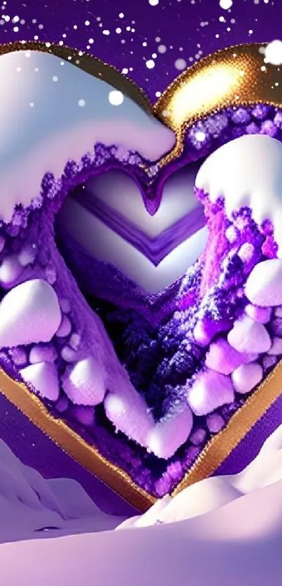 Purple heart with snow in a violet winter scene.