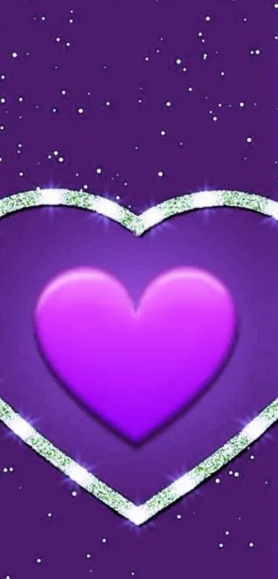 Purple heart wallpaper with sparkles and silver accents.