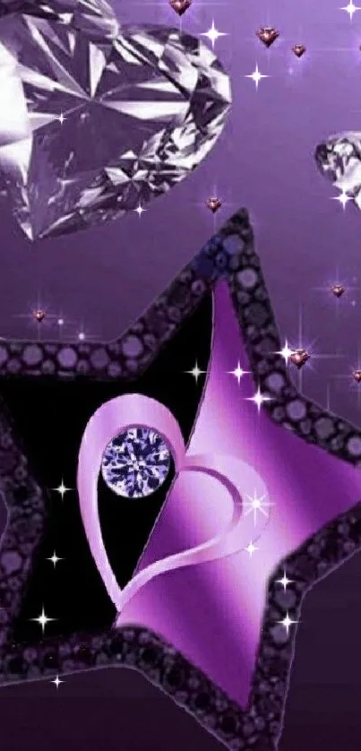 Purple and black star with hearts and crystals on a mobile wallpaper.