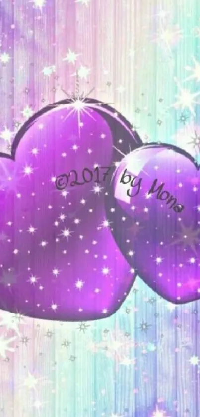 Purple hearts with stars on a colorful background wallpaper.