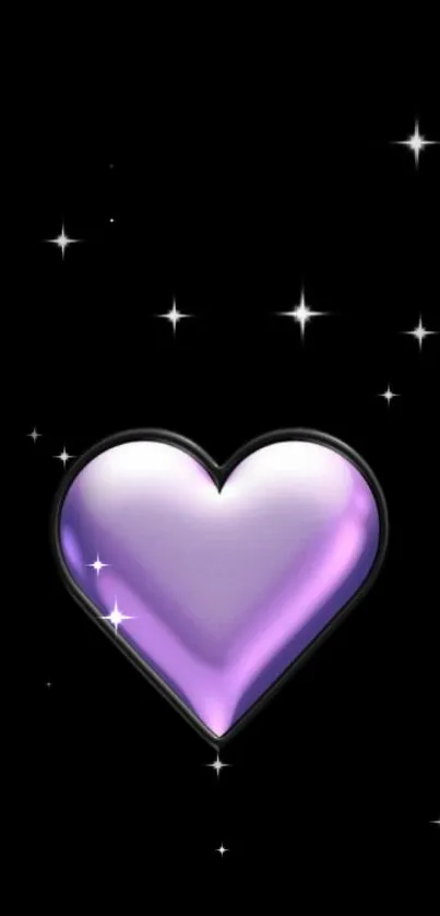 Shiny purple heart with stars on black background wallpaper.