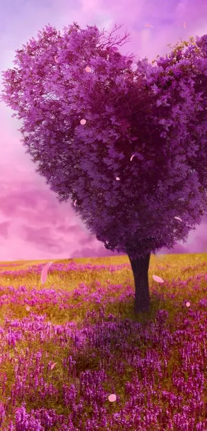 Heart-shaped tree in a purple field with pink sky.