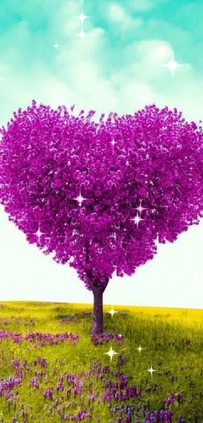 Heart-shaped purple tree with green field and blue sky.