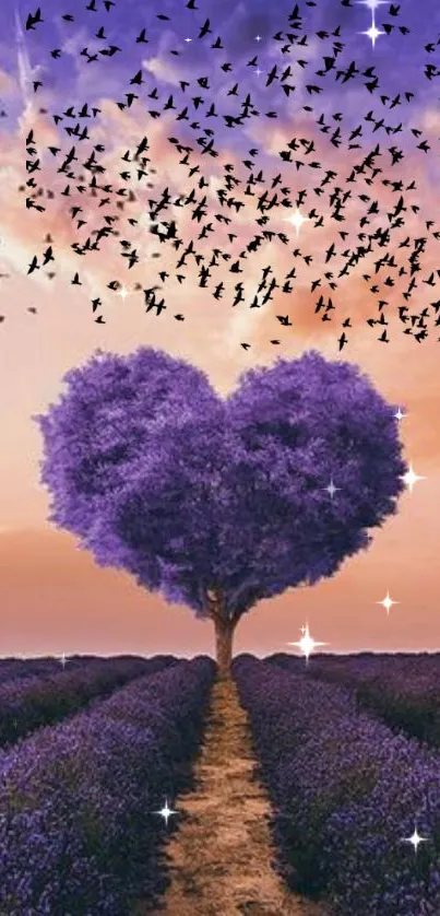 Heart-shaped purple tree with birds under sunset sky in stunning wallpaper.