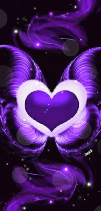 Purple heart with wings on a dark background.