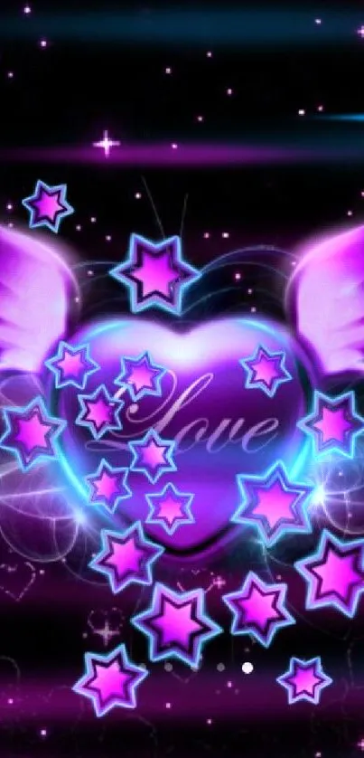 Purple heart with wings and pink stars on a dark background.