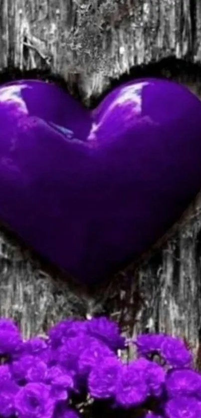 Purple heart on wood with flowers wallpaper.