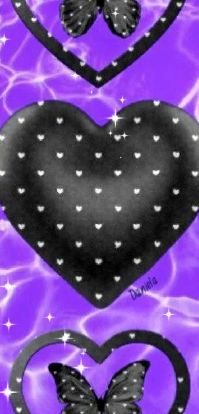 Black hearts and butterflies on a purple water-like background.