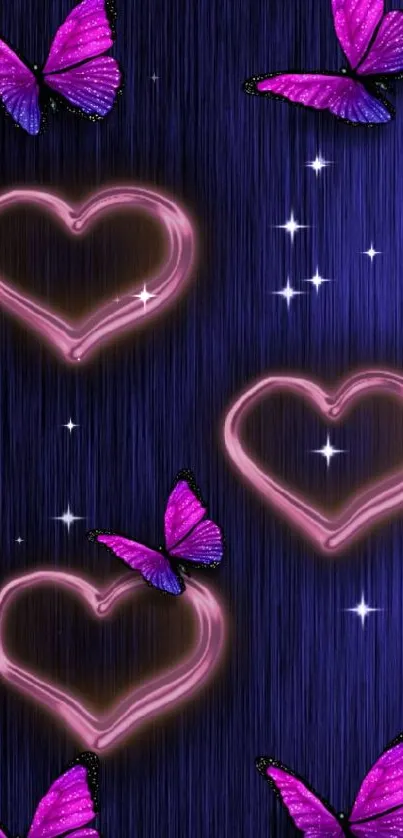 Mobile wallpaper with purple neon hearts and butterflies on dark background.