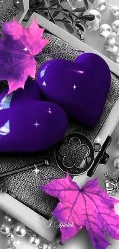 Mobile wallpaper with purple hearts and pink leaves in a decorative setting.