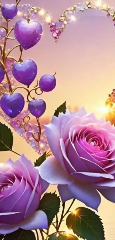 Purple roses and hearts with golden sunset glow.