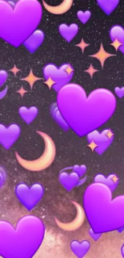 Mobile wallpaper with purple hearts and stars.