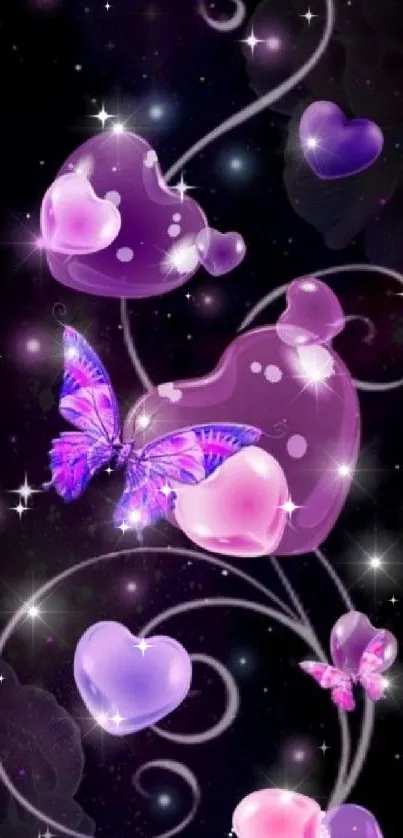 Purple hearts and butterflies wallpaper, glowing with elegance.