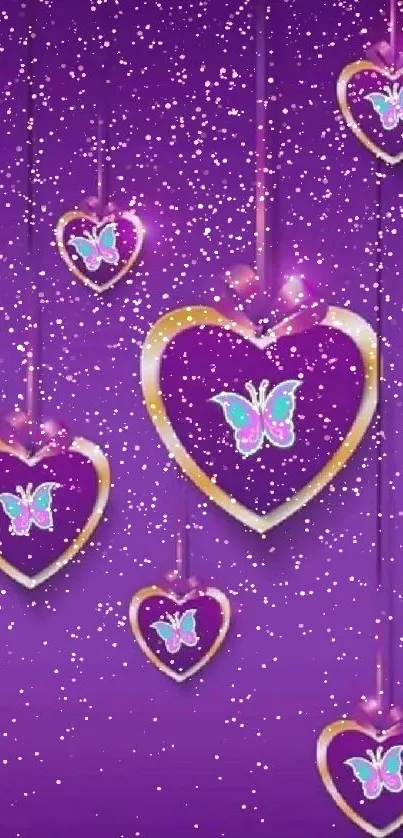 Purple mobile wallpaper with heart and butterfly design.