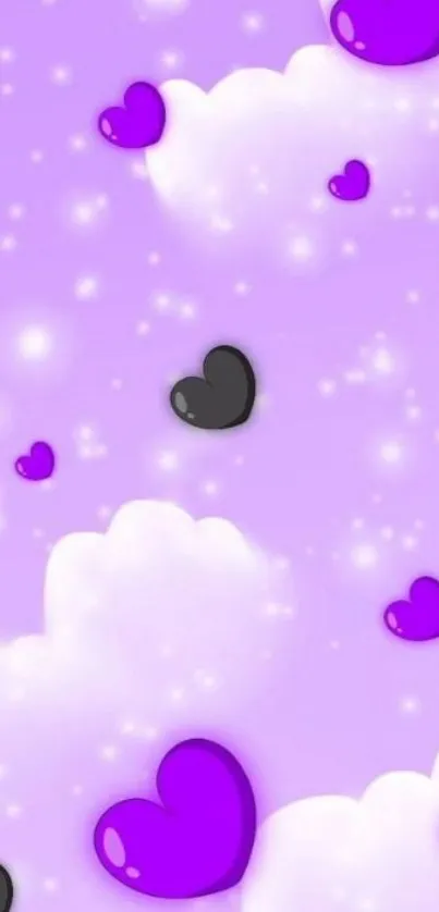 Purple hearts floating on a dreamy cloud background.