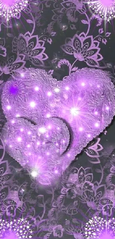 Purple heart wallpaper with floral and glittery design.