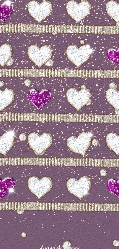 Sparkling purple and white hearts wallpaper with glittery design.