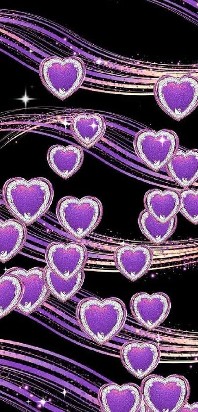 Mobile wallpaper with purple glittering hearts on a black background.