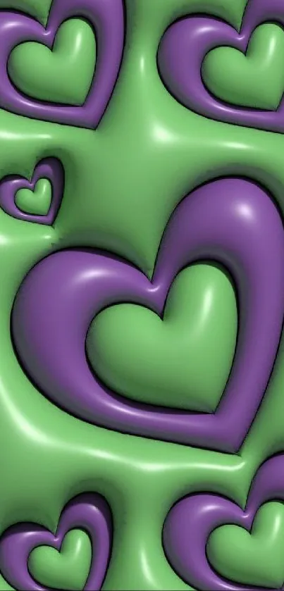 3D purple hearts on a green background wallpaper.