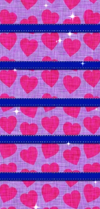 Purple wallpaper with pink hearts and blue stripes for mobile phone.