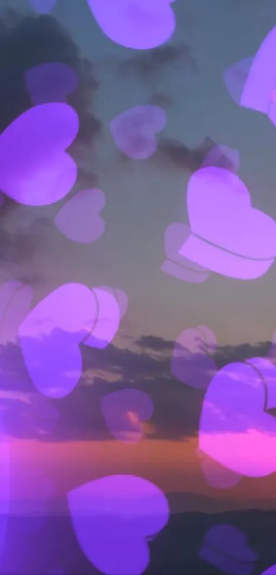 Purple hearts decorate a sunset sky, blending romantic tones.