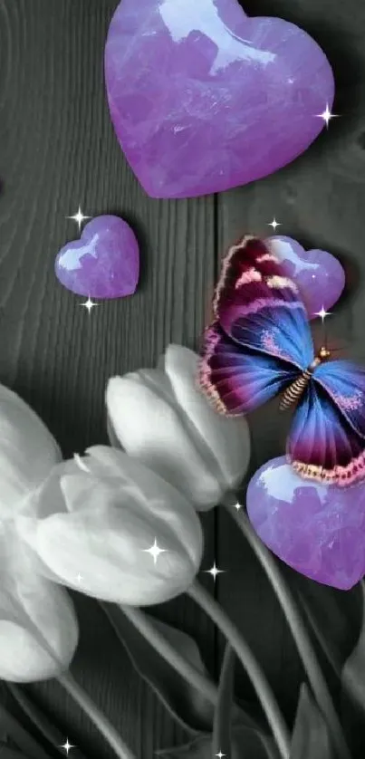 Wallpaper with purple hearts, butterfly, and white flowers on wooden background.