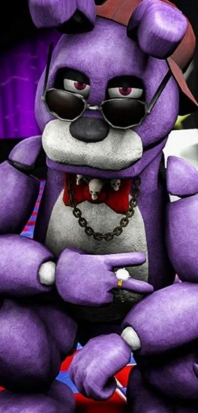 Purple hip hop bear cartoon wearing sunglasses on a colorful floor.