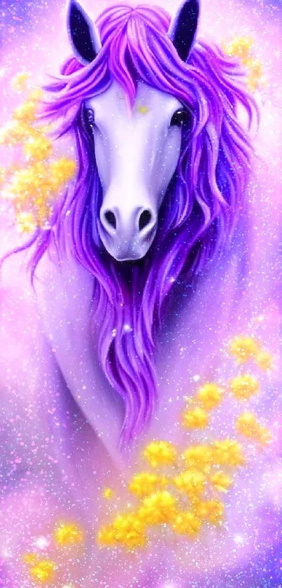 Majestic white horse with purple mane in a cosmic fantasy background.