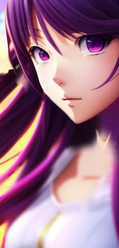 Anime artwork featuring a purple-haired girl with vibrant eyes.