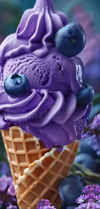 Purple ice cream with blueberries in a waffle cone amidst blossoms.