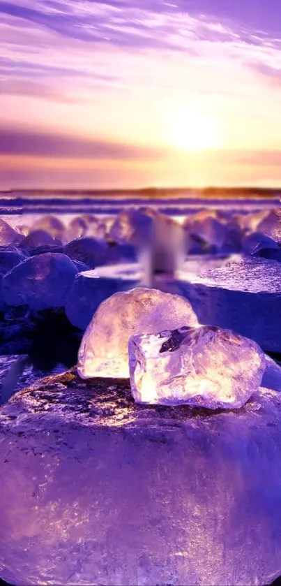 Purple ice at sunset with glowing hues.