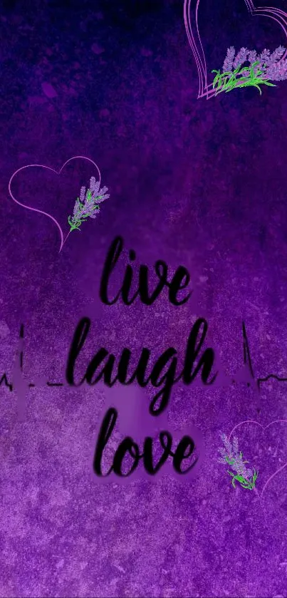 Purple mobile wallpaper with 'Live Laugh Love' quote and floral hearts.