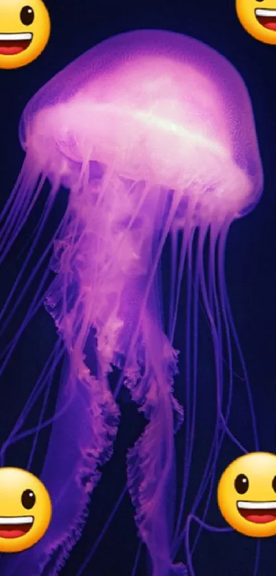 Purple jellyfish with smiley emojis on a dark background.