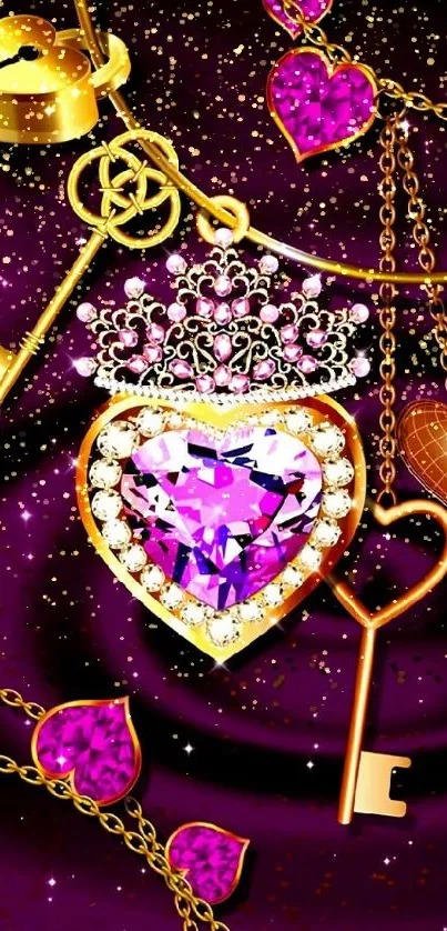 Purple jeweled heart and key wallpaper with luxe design.