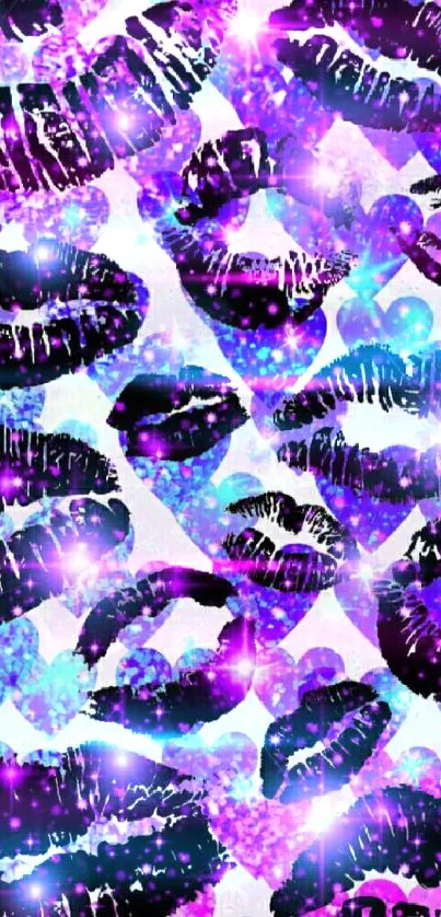 Purple glitter lips and hearts wallpaper design.