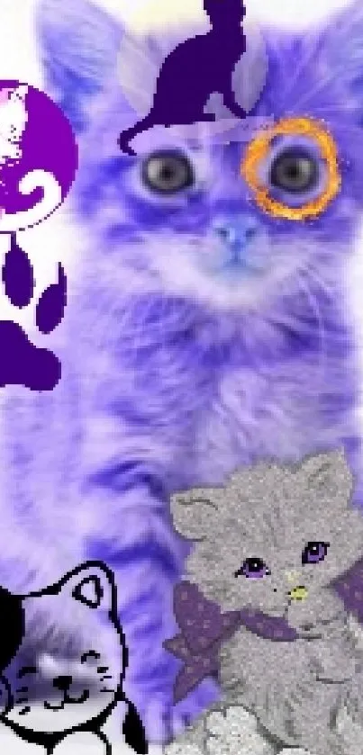 Purple kitty wallpaper with whimsical cat illustrations.