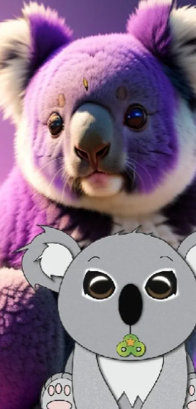 Cute purple koala wallpaper with cartoon and realistic koala design.